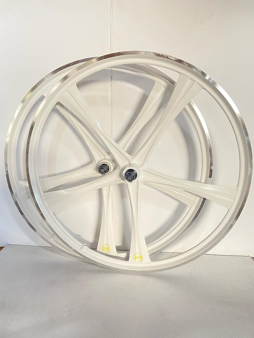 R4 Custom 26″ BMX 5 Spoke Alloy Mag Wheels, CNC Gloss White